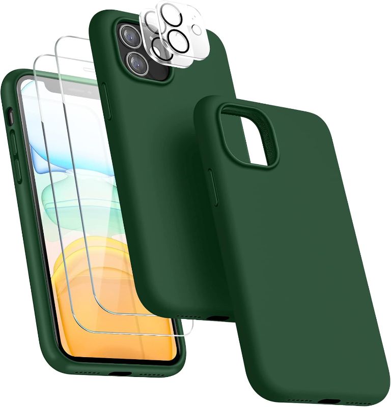 Photo 1 of [5 in 1 for iPhone 11 Case 6.1 inch, with 2 Pack Screen Protector + 2 Pack Camera Lens Protector, Liquid Silicone Slim Shockproof Protective Phone Case [Microfiber Lining]… (Alpine Green)