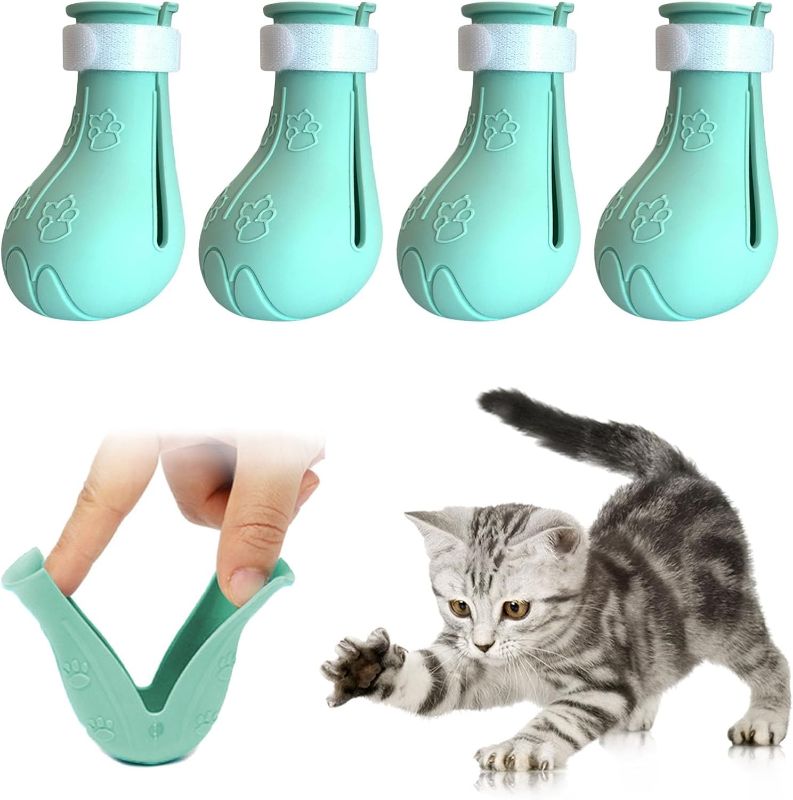 Photo 1 of Cat Anti-Scratch Shoes 4 Pack, Pet Supplies Cat Scratch Deterrent Booties, Grooming Cat Accessories Silicone Nail Gloves, Adjustable Cat Claw Cover for Bathing Shaving Treatment Checking (Green)