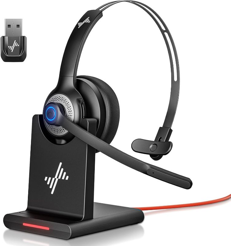 Photo 1 of Bluetooth Headset - Wireless Headset with Noise Cancelling Microphone, V5.2 Computer Headphones with USB Dongle, Charging Base & Mic Mute for Work/Call Center/PC/Laptop/Online Class/Zoom