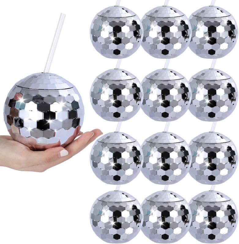 Photo 1 of 12 PCS Disco Ball Cups, 20Oz Disco Party Cups with Lid and Reusable Straw Flash Ball Cocktail Cup for Party Nightclub Bar Supplies Wine Drinking Syrup Tea Bottle (Silver)