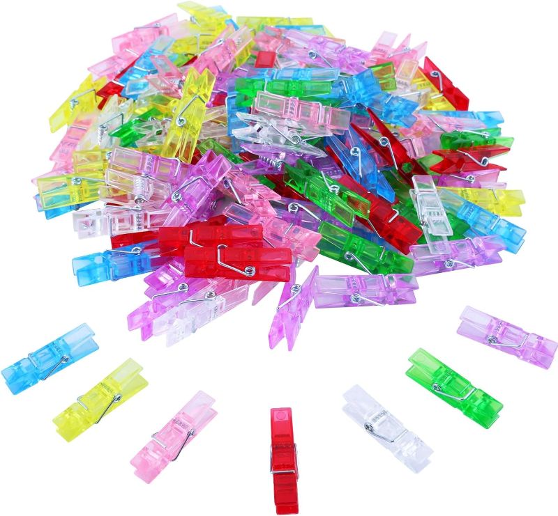 Photo 1 of 140 Pcs Mini Photo Clips Colored - Small Clips for Hanging Picture String, 1.37 Inch Plastic Clothes Pins Transparent, 7 Colors