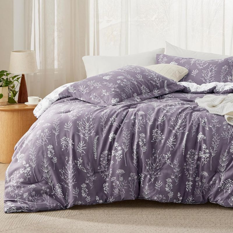 Photo 1 of ***68X88IN*** Bedsure Twin/Twin XL Comforter Set Dorm Bedding - Grayish Purple Comforter, Floral Twin/Twin Extra Long Bedding Comforter Set, 2 Pieces, 1 Reversible Botanical Flowers Comforter and 1 Pillow Sham
