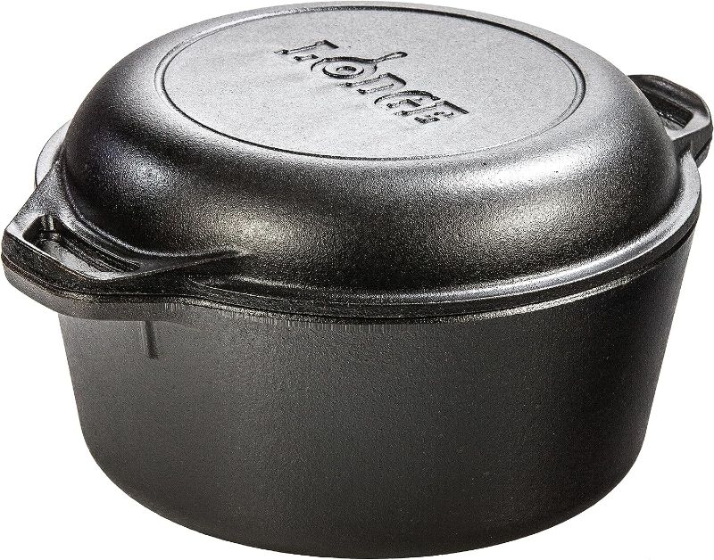 Photo 1 of ***dirty*** Lodge 5 Quart Pre-Seasoned Cast Iron Double Dutch Oven with Lid - Dual Handles - Lid Doubles as 10.25 Inch Cast Iron Grill Pan - Use in the Oven, on the Stove, on the Grill or over the Campfire - Black
