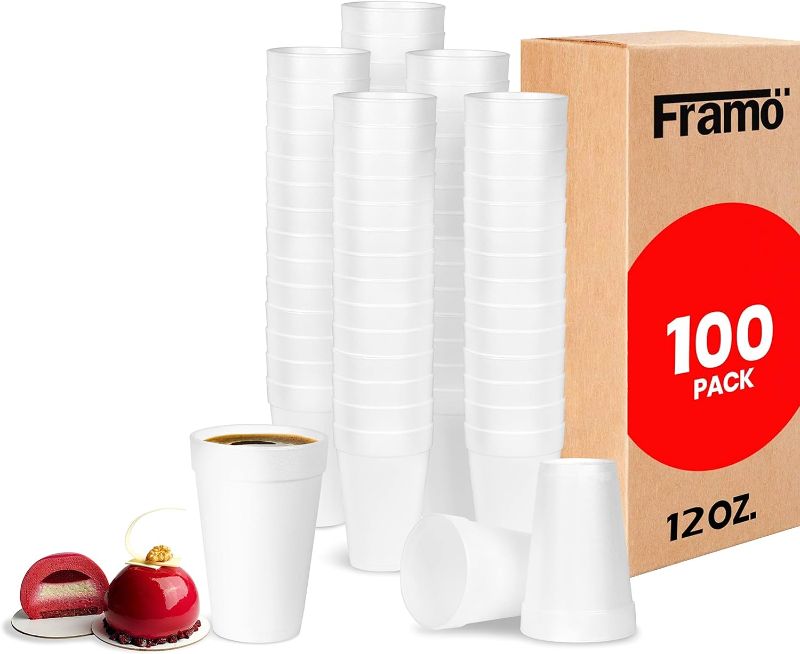 Photo 1 of 12 Oz Foam Cups (100 Pack) Lightweight Insulated Foam Cups for Coffee, Cold Drinks & Other Hot Beverages - Disposable Drinking Cups for Parties, Picnic, BBQ, Travel, & Events
