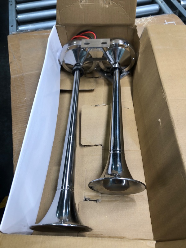 Photo 1 of AOLIHAN 12V Marine Boat horn Waterproof Stainless Steel Dual Trumpet Horn for Boats Ship Sailboat Yacht Off-Road Vehicle Truck SUV RV Vans Touring Car (silver two tone)