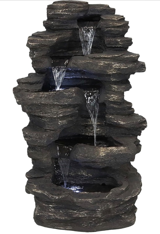 Photo 2 of Alpine Corporation 13" Tall Indoor 4-Tier Cascading Tabletop Fountain with LED Lights, Gray Stacked Stone w/ LED