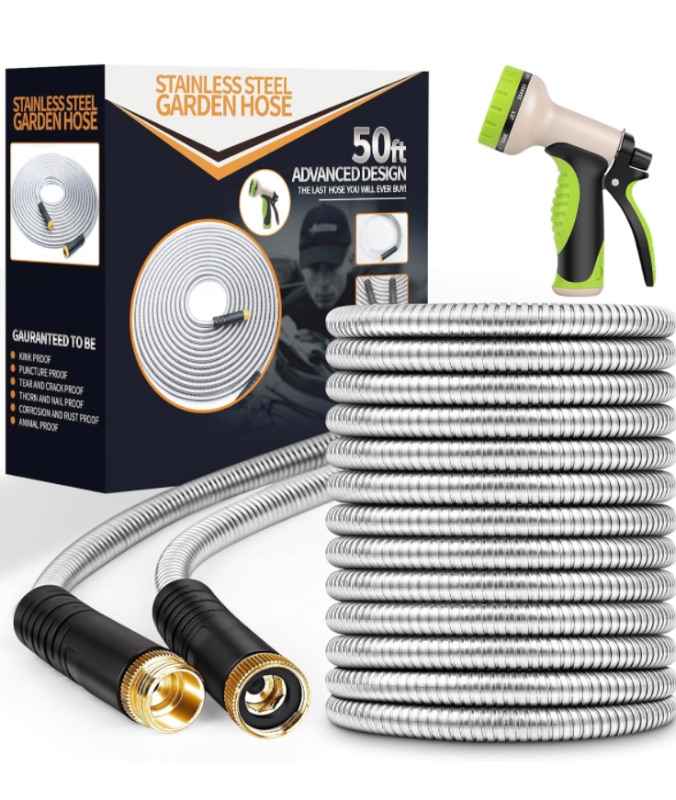 Photo 1 of Garden Hose 50ft, Stainless Steel Heavy Duty Water Hose with 10 Function Nozzle Flexible, Lightweight, Kink Free, Pet Proof, Puncture Proof Hose Metal for Yard, Outdoor