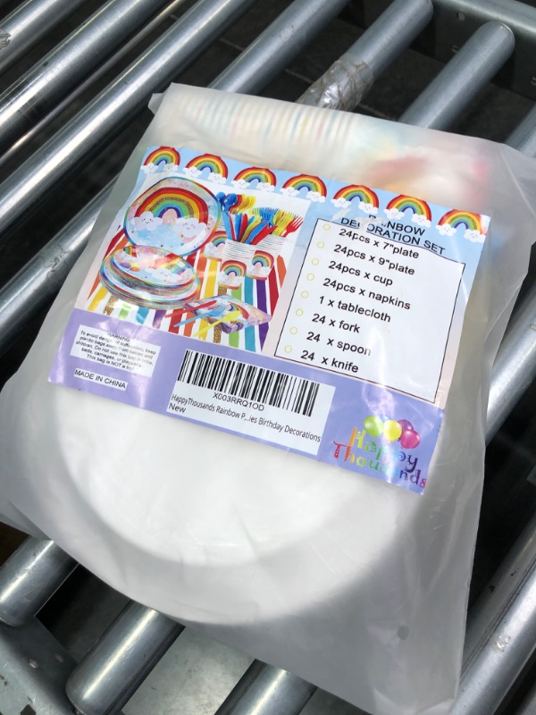 Photo 2 of Rainbow Party Supplies, Happy Birthday Decorations for Girls & Boys -169pcs Rainbow Party Tableware Set Include 9" and 7" Party Plates and Napkins Cups Utensils with Tablecloth for 24 Guests