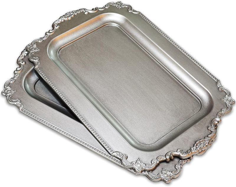 Photo 1 of 2Pcs Vintage Silver Decorative Tray, Plastic Serving Tray for Coffee Table, Home Decor, Living Room, Bathroom