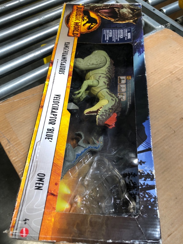 Photo 2 of Jurassic World Dominion 3 Pack Figures & Dinosaurs, Owen Grady Motorcycle Yangchuanosaurus & Blue, Helmet & Tranquilizer, Ages 4 Years & Up