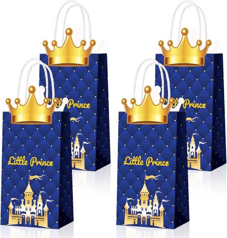 Photo 1 of 16 Pack Prince Party Favors Bags Prince Theme Charming Party Bags Glitter Crown Party Bag Treat Goody Gift Paper Kraft Wrap Bags with Handle for Prince Theme Birthday Baby Shower Party Favor Supplies