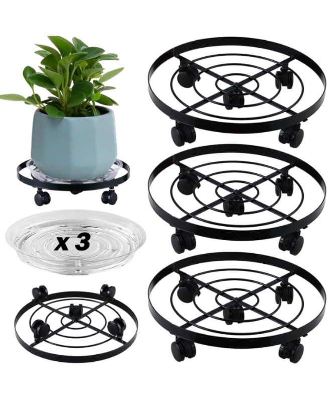 Photo 1 of 3-pack 13.6" Large Metal Plant Caddy with 5 PU Wheels Heavy-duty Wrough Iron Rolling Plant stands Indoor Outdoor Wheeled Plant Dolly Coasters Planter Mover Rollers, Clear Plant Saucers x 3