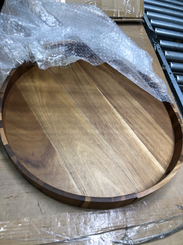 Photo 3 of ****USED***SMALL CRACK IN THE CORNER*** Big Round Wood Serving Tray | Large 20INCH | Smooth Wave Curves Wall Design Big Ottoman Trays | Giant Acacia Ottoman Sofa Coffee Table Tray Decorative Organizer | Huge Kitchen Counter Serveware 20" Wave Wall Tray - 