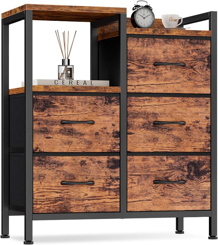 Photo 1 of 
Furnulem Industrial Dresser for Bedroom, Small Storage Unit Organizer with 5 Fabric Drawers and 2-Tier Side Shelves, End Table/Nightstand for Bedside,..