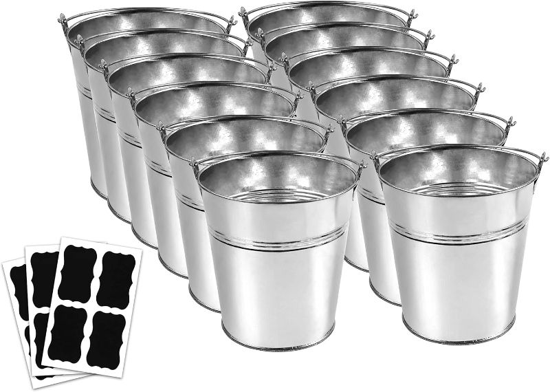 Photo 1 of 24 Metal Buckets with Chalkboard Stickers, Small Galvanized Pail for Party and Wedding, 5 Inch Tin Buckets, Garden Planters, (tie ton