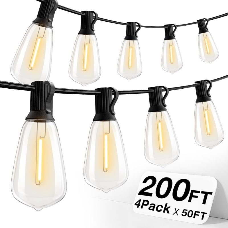 Photo 1 of 200FT Outdoor Edison String Lights for Outside LED Waterproof 2200K Patio Lights with 104 ST38 Shatterproof Plastic Bulbs Soft Warm Bistro Lights Connectable for Gazebo Pergola 2Pack x 100FT