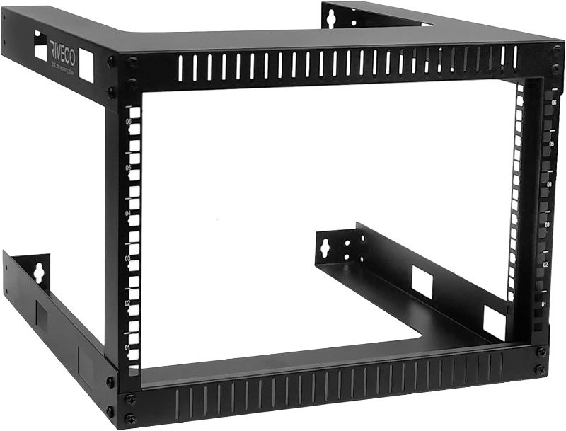 Photo 1 of RIVECO 6U 19" Wall Mount Network Rack – 17.7" Deep 2 Post Shelf Open Frame Cabinet Easy Assembly Firm Constructed for Internet/Server/AV/Home Equipment/Patch Panel Heavy Duty Light Weight, Black