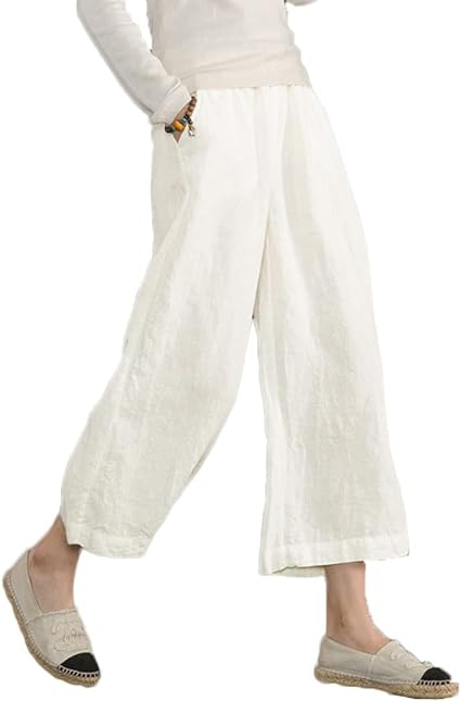 Photo 1 of ECUPPER Womens Casual Loose Elastic Waist Cotton Trouser Cropped Wide Leg Pants 12-14 Light Coffe