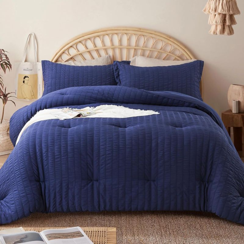 Photo 1 of Cosybay King Comforter Set - 3 Pieces Seersucker Bedding Comforter Set, Navy Blue Down Alternative Comforter Set for All Season, 1 Comforter (102"x90") and 2 Pillow Shams (20"x36"+2")