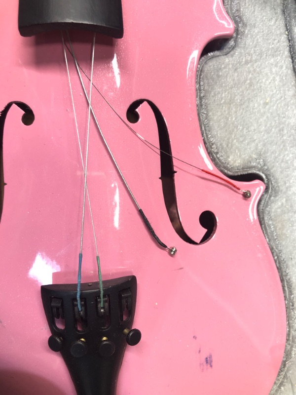 Photo 4 of **DAMAGED** ARTALL 3/4 Handmade Student Acoustic Violin Beginner Pack with Bow, Hard Case, Chin Rest, Spare Strings, Rosin and Bridge, Glossy Pink