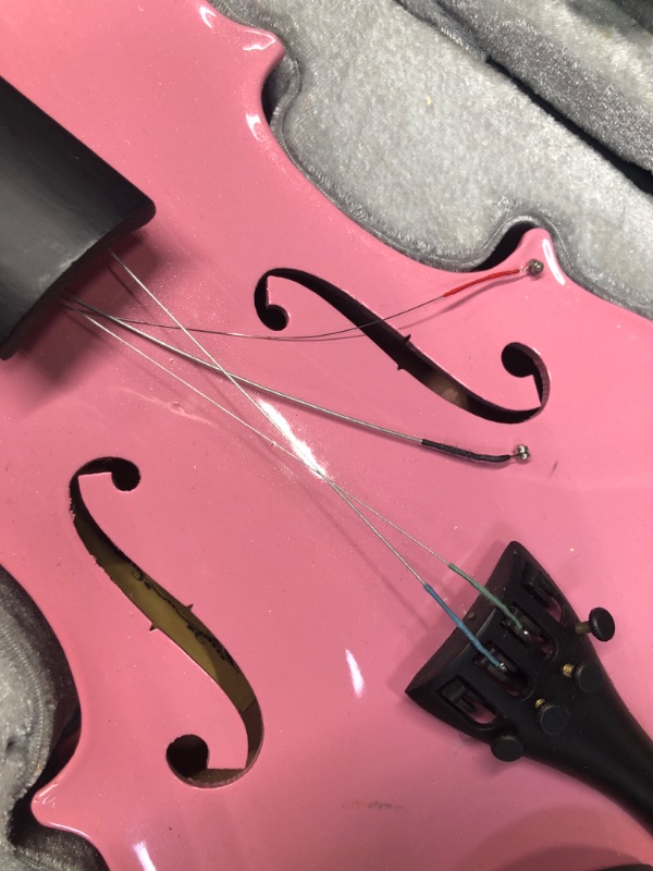 Photo 3 of **DAMAGED** ARTALL 3/4 Handmade Student Acoustic Violin Beginner Pack with Bow, Hard Case, Chin Rest, Spare Strings, Rosin and Bridge, Glossy Pink