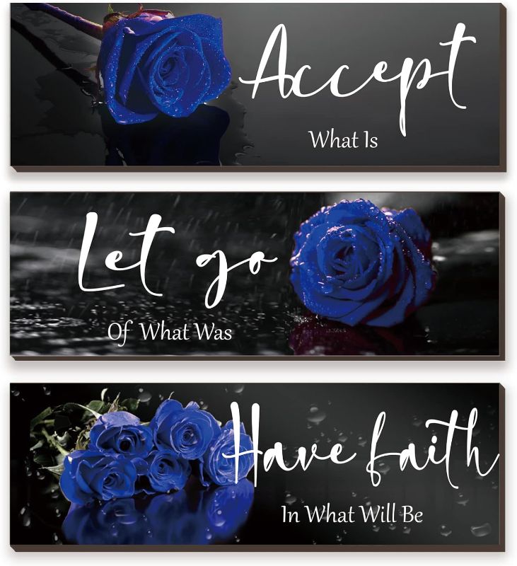 Photo 1 of 3 Pcs Blue Bathroom Wall Decors Inspirational Blue Decor Wooden Blue Roses Flower Wall Art Office Wall Decor with Accept Let Go Have Faith Quotes for Girl Women Bathroom Bedroom(Blue Rose12 x 4 Inch)