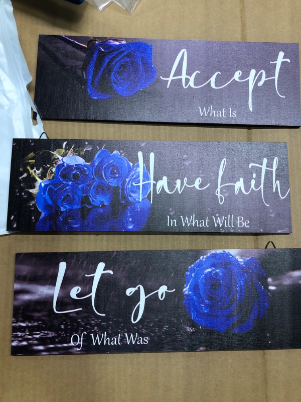 Photo 2 of 3 Pcs Blue Bathroom Wall Decors Inspirational Blue Decor Wooden Blue Roses Flower Wall Art Office Wall Decor with Accept Let Go Have Faith Quotes for Girl Women Bathroom Bedroom(Blue Rose12 x 4 Inch)