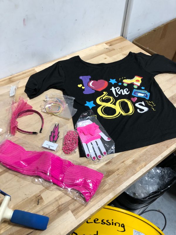 Photo 3 of 80s Women Costume Set, T-Shirt, Geometric Legging Pants Earring Necklace Gloves Bracelet Medium Short Sleeve I Love 80s