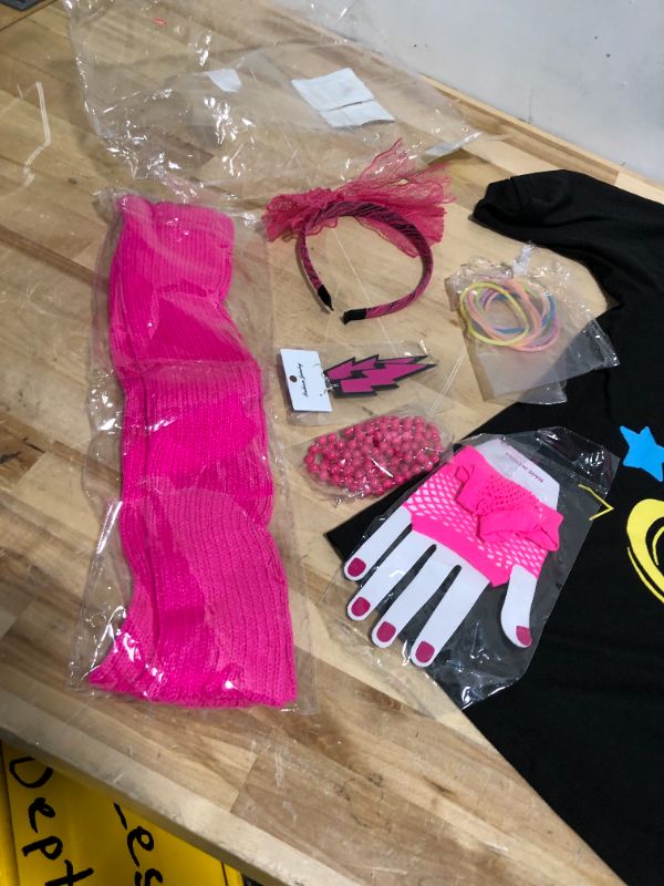 Photo 4 of 80s Women Costume Set, T-Shirt, Geometric Legging Pants Earring Necklace Gloves Bracelet Medium Short Sleeve I Love 80s