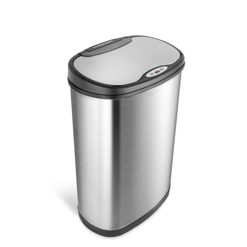 Photo 1 of ****USED***BOTTOM OF TRASH CAN IS DAMAGED**** NINESTARS DZT-50-13 Automatic Touchless Motion Sensor Oval Trash Can with Black Top, 13 gallon/50 L, Stainless Steel