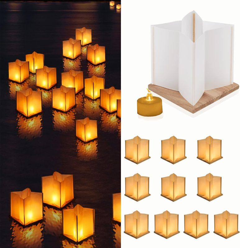 Photo 1 of 10 Pack 6" Star Shaped Floating Lanterns with Waterproof Wooden Base Sets, Paper Water Lanterns Decoration with LED Tealight Candle (10Sets Lanterns+Flameless LED Candles)
