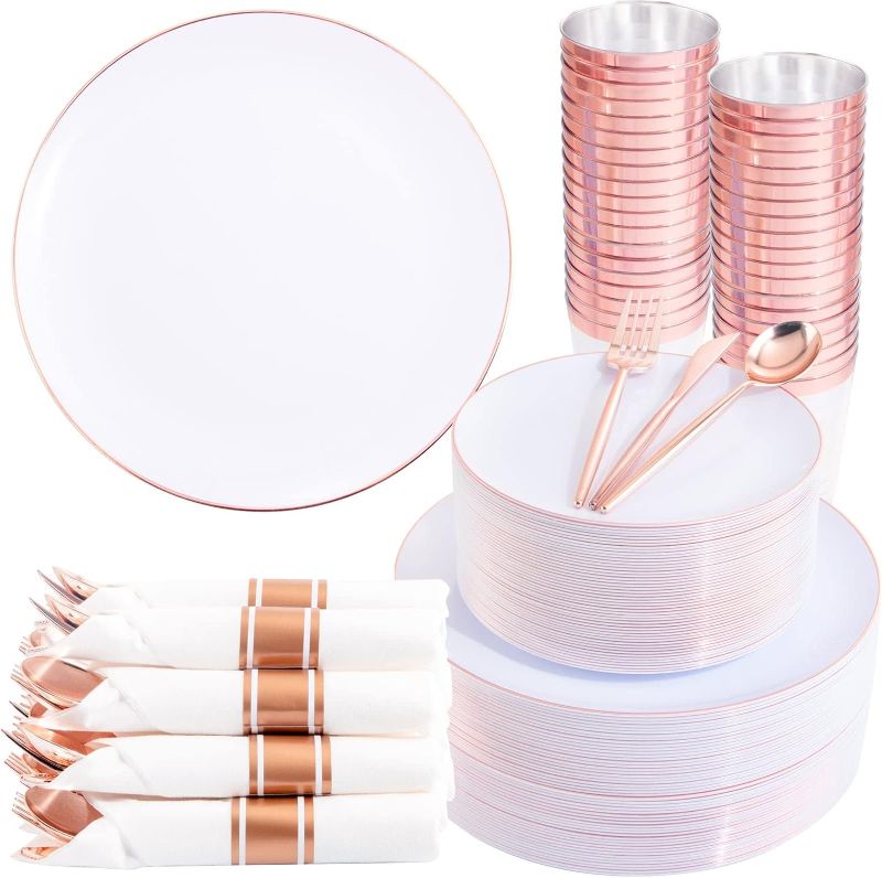 Photo 1 of 100 Rose Gold Party Plates, 50 Pre-Rolled Napkins with ...