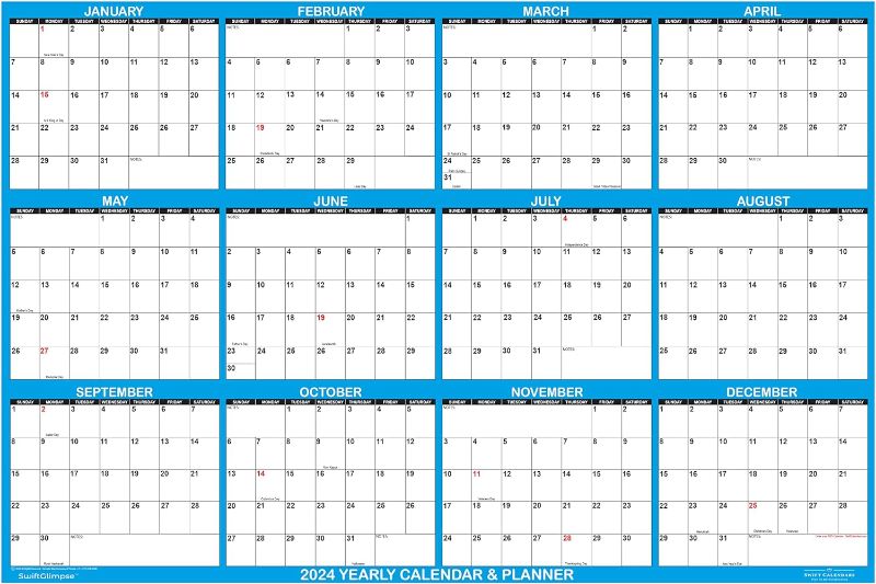 Photo 1 of 32" x 48" SwiftGlimpse 2024 Wall Calendar Erasable Large XL Wet & Dry Erase Laminated 12 Month Annual Yearly Wall Planner, Horizontal, Navy