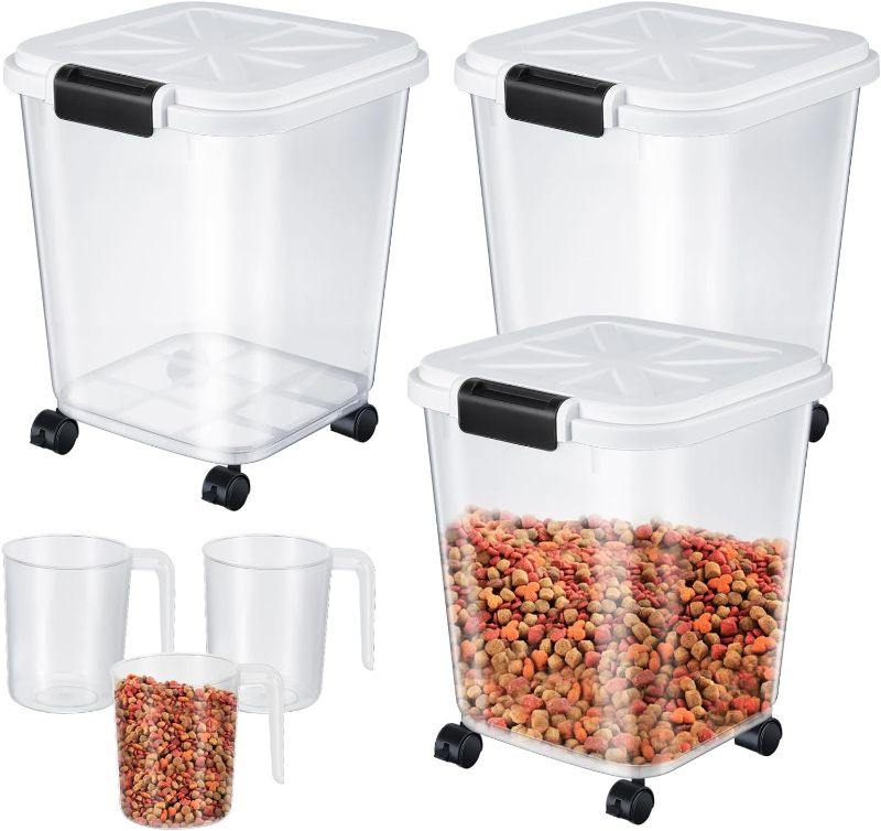 Photo 1 of 3 Pcs Dog Food Storage Containers, 19lb Airtight Pet Food Bin with Measuring Cup, Plastic Dry Food Sealed Bucket for Cat Treats Storage Supplies