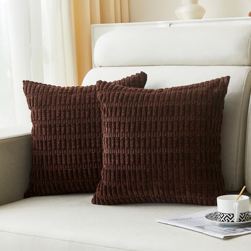 Photo 1 of 2 Packs Dark Brown Decorative Throw Pillow Covers 18x18 Inch Soft Corduroy Striped Boho Pillow Cases Square Cushion Covers for Couch Sofa Bed Farmhouse Home Décor