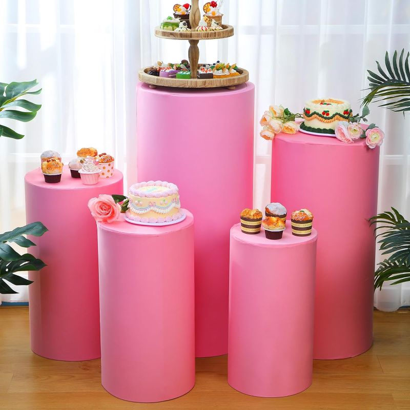 Photo 1 of 5 Pcs Party Cylinder Stand Covers Spandex Pedestal Cover Assorted Size Elastic Cylinder Covers for Metal Cylinder Pedestal Stands Wedding, Pedestal Stand Not Included (Pink)