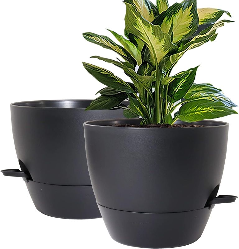 Photo 1 of 10 inch Self Watering Planters, 2 Pack Large Plastic Plant Pots with Deep Reservior and High Drainage Holes for Indoor Outdoor Plants and Flowers, Black
