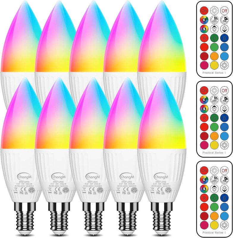 Photo 1 of ChangM E12 LED Candelabra Light Bulbs 40W Equivalent, B11 Color Changing Candle Bulb with Remote Control,Colored Chandelier Light Bulbs RGB+5000K Daylight,5Watt,12Colors,2Modes,Timer,Small Screw Base 10*rgb and Cool White 5700k