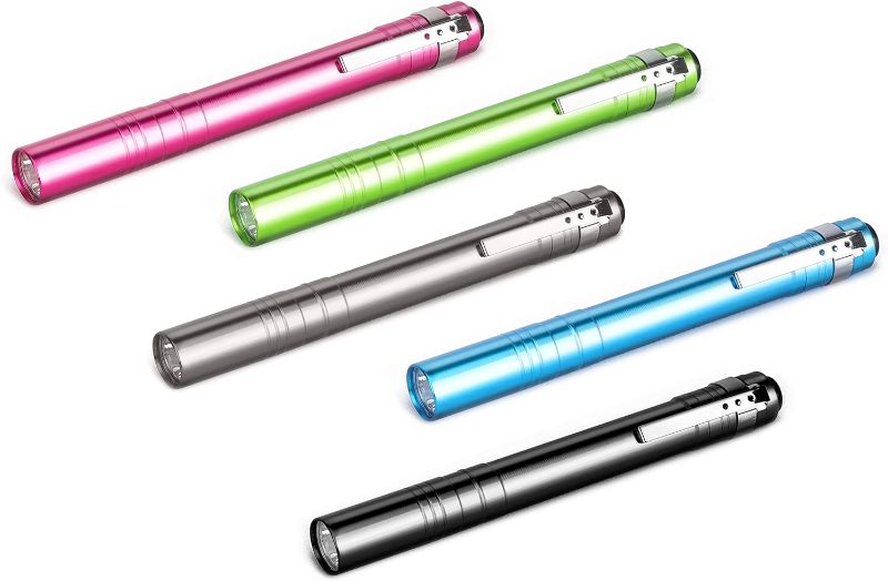 Photo 1 of 5-Pack LED Penlight Set with 10-Piece Pre-Installed Batteries, Aluminum Handheld Flashlights with Clip for Night Walks, Inspection, Emergency
