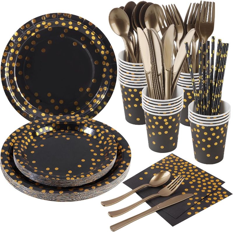 Photo 1 of 200 PCS Black and Gold Party Supplies - Disposable Dinnerware set Serves 25 - Gold Plastic Forks Knives Spoons and Golden Dot Black Paper Plates Black Napkins Cups straws for Party (Black & Gold)
