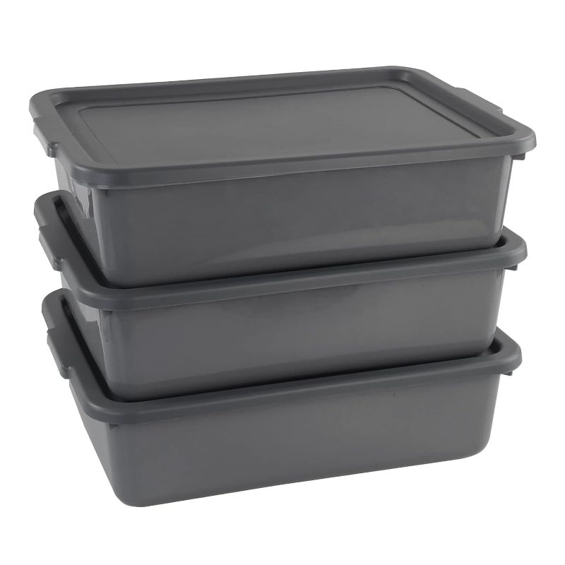 Photo 1 of 3-Pack 13 L Plastic Commercial Tote Box with Lid, Bus Tubs/Bus Box, Gray
