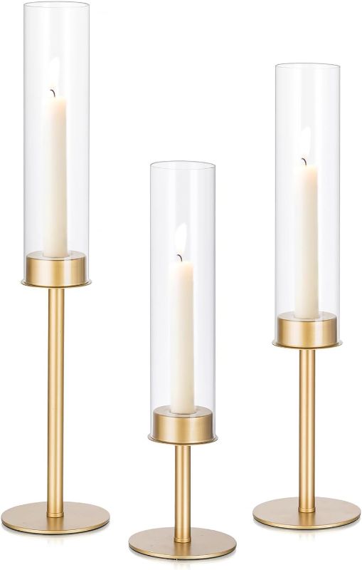 Photo 1 of Candlestick Candle Holder Gold Hurricane: Candeldo Taper Candle Holders for Wedding Glass Table Centerpiece for Dining Tables Set of 3 Tall Christmas Candles Stand
