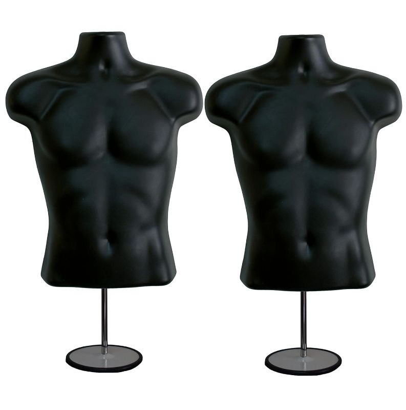 Photo 1 of 2 Pack Male Mannequin Torso with Stand Dress Form Tshirt Display Countertop Hollow Back Body S-M Clothing Sizes Black
