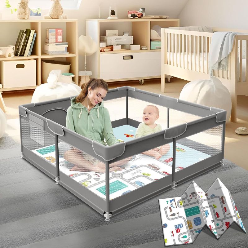 Photo 1 of Baby Playpen with Mat, 50 x 50 Inch Play Pen Playards, Playpen for Babies and Toddlers, Baby Playard for Indoor & Outdoor Active Center Game Fence, with Skin-Friendly Fabric Grey
