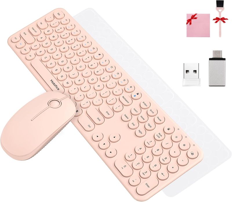 Photo 1 of  ****USED*** Cute Keyboard and Mouse Wireless for PC Computer/Laptop/Windows/Mac/Tablets/Apple iPad, Ultra-Thin 2.4GHz USB Cordless Full-Sized Silent Retro Computer Keyboard Mouse Combo (Pink)
