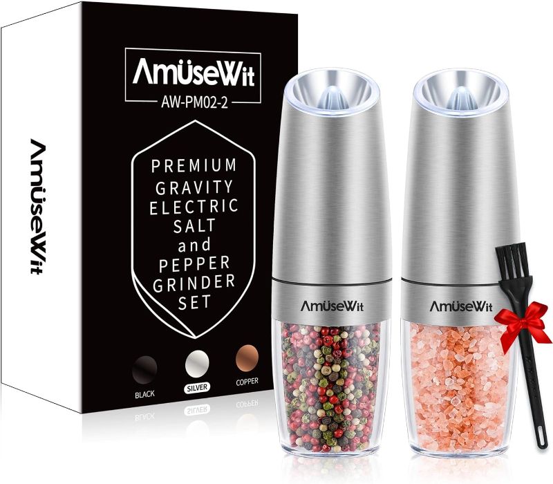 Photo 1 of AmuseWit Gravity Electric Pepper and Salt Grinder Set [White Light] - Battery Operated Automatic Pepper and Salt Mills,Adjustable Coarseness,One-Handed Operation,Stainless Steel
