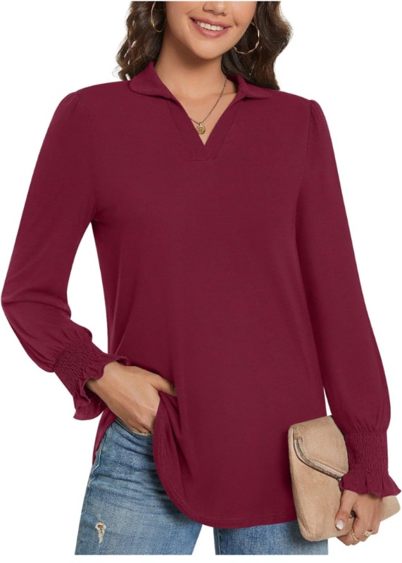 Photo 1 of ALIGADUO Womens Casual Polo T Shirts Puff Long Sleeve Collared Smocked Cuff Tunics
