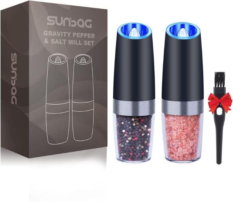 Photo 1 of ***DAMAGED***
 Gravity Electric Salt and Pepper Grinder Set,Battery Operated Automatic Salt and Pepper Mill Set - Blue LED Light,Adjustable Coarseness,One Handed...