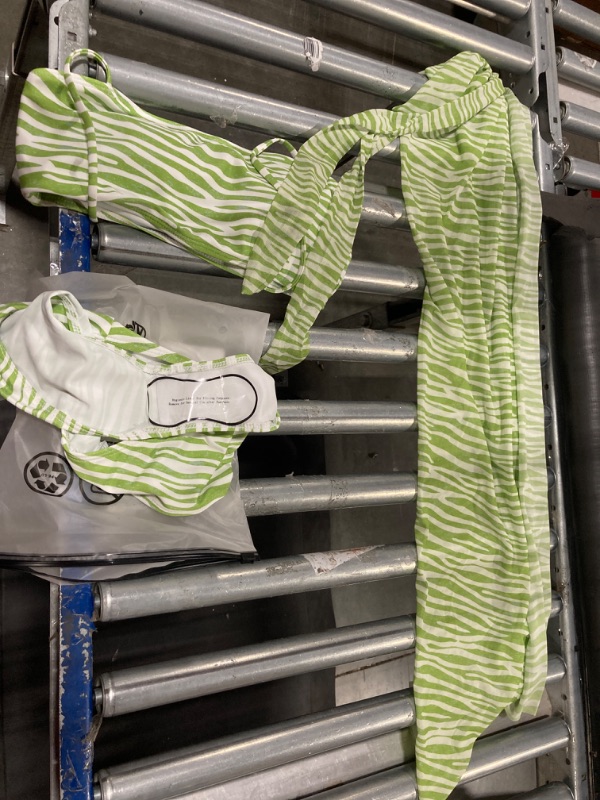 Photo 1 of OYOANGLE Women's 3 Pieces Swimsuit Zebra Striped Bikini Set with Mesh Cover Up Bathing Suit Beachwear Green S