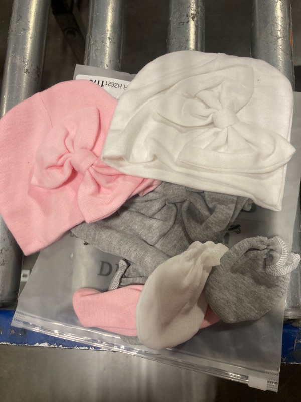 Photo 2 of BQUBO Newborn Baby Hospital Hats Beanie Bow Infant Caps Baby Cotton No Scratch Mittens Set for 0-6 Months 0-6 Months 3 Sets A: Bow Hats & Mittens